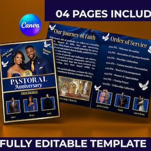 May include: A navy blue and gold Pastoral Anniversary program template. The front cover features a photo of a couple, with the text "5th Pastoral Anniversary." Inside, the program includes an order of service and guest speaker photos. The words "04 PAGES INCLUDED" and "FULLY EDITABLE TEMPLATE" are also visible.
