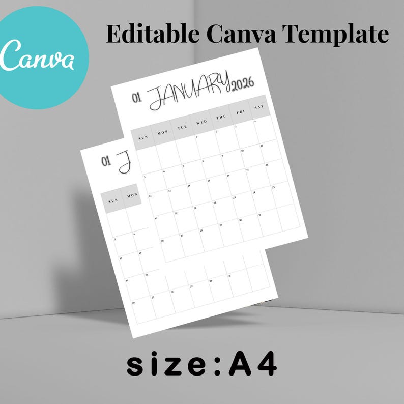 2026 Monthly Calendar Printable | Minimalist Canva Template (PDF) - Etsy