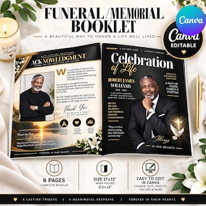 Pode incluir: Um modelo de livreto memorial funerário com design em preto e dourado com o texto Celebration of Life, Robert James Williams e Acknowledgment. O layout inclui fotos de um homem, imagens de pôr do sol e lírios brancos, medindo 43,18 x 27,94 cm.