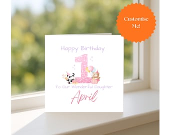 Personalised 1st Birthday Card, First Year for Baby Girl, Custom Name Age One Greeting