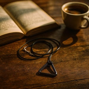 May include: A black necklace with a triangular pendant rests on a wooden surface, next to an open book and a cup of coffee. The pendant is made of a dark metal and is connected to a thin, black cord. The book has aged pages.