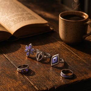 May include: Several silver rings with purple detailing, including a flower, a shield, and a diamond shape, are displayed on a wooden table. A cup of coffee and an open book are also present. The rings are likely jewellery.