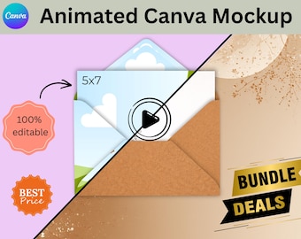 Pacote completo de mockups de envelopes de casamento | 3 modelos animados para Canva + predefinições | Totalmente editável