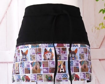 Dog Print Half Apron: Vendor, Server, Teacher Apron with 6 Pockets