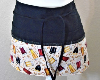 Beer Glasses, Pretzels, and Nuts Print Apron,  Vendor/Server/Waitress/Utility/Teacher Apron, Half Apron with 6 pockets