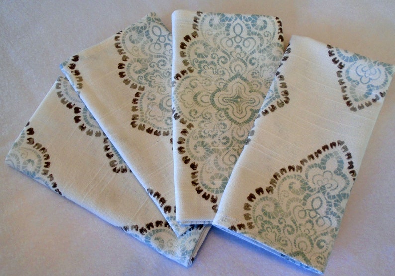 on White Background 100/% cotton Set Set of 4 Paisley in soft Mint and Grey Paisley Dinner Napkins