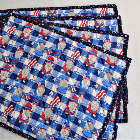 Disover Patriotic Gnome Place mats, Quilted Placemats Set of 2, Farmhouse Place mats, Independence Day, American flag, 4th of July