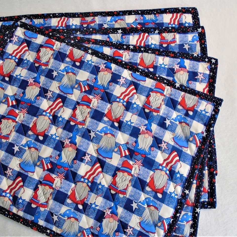 Discover Patriotic Gnome Place mats, Quilted Placemats Set of 2, Farmhouse Place mats, Independence Day, American flag, 4th of July