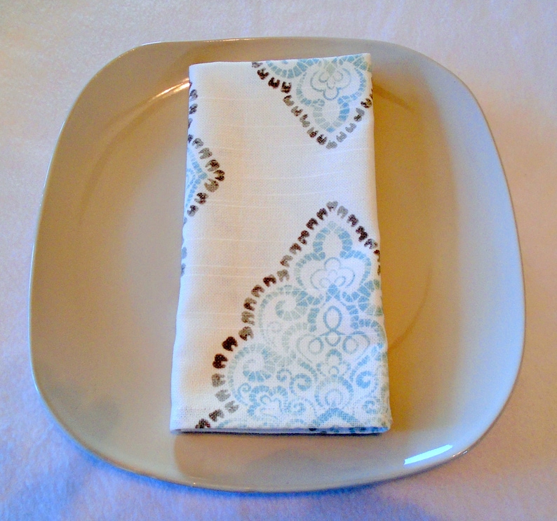 on White Background 100/% cotton Set Set of 4 Paisley in soft Mint and Grey Paisley Dinner Napkins
