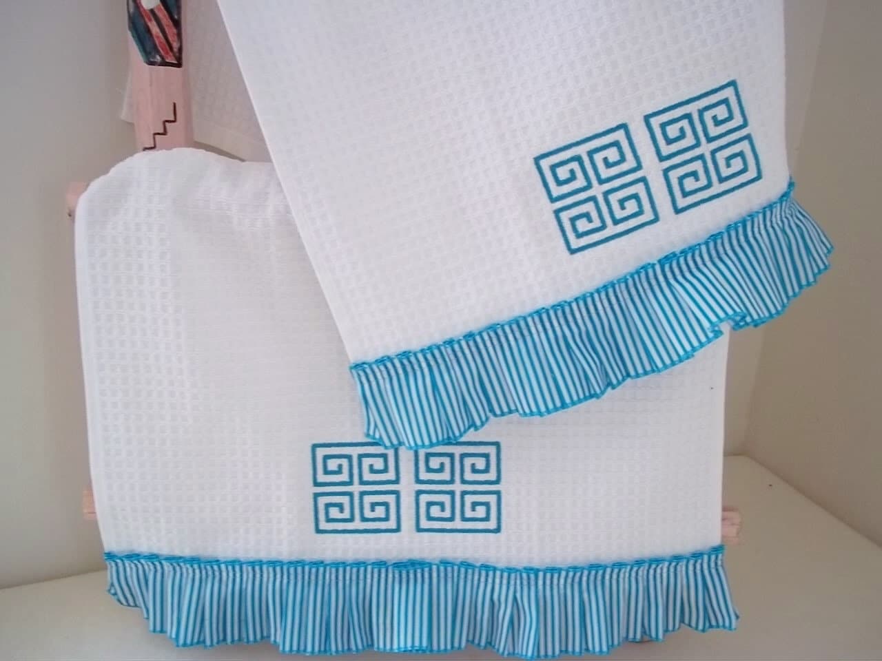 KREA HOME KITCHEN TOWELS (2) WHITE BLUE STRIPES WITH FRINGE TURKISH COTTON  NWT