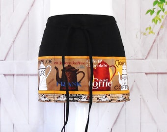 Coffee Themed Half Apron.  Premium Quality Vendor/Server/Waitress/Utility/Teacher Apron, Half Apron with 6 pockets