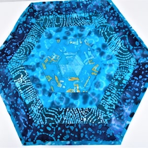 May include: A hexagonal blue and teal fabric table runner with a geometric pattern in the center. The runner is made of batik fabric and has a subtle sheen.