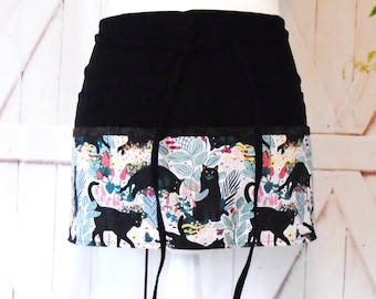 Black Cats On Floral Novelty Cotton Fabric,  Vendor/Server/Waitress/Utility/Teacher Apron with 6 Pockets