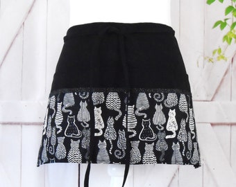 Cat Shape Filled On Black Novelty Prints Cotton Fabric,  Vendor/Server/Waitress/Utility/Teacher Apron with 6 Pockets