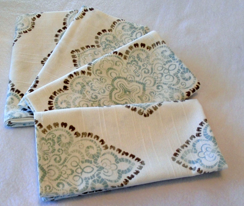 on White Background 100/% cotton Set Set of 4 Paisley in soft Mint and Grey Paisley Dinner Napkins