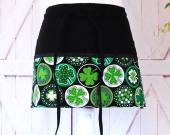 St. Patrick's Day Waitress Apron, Irish Shamrock Vendor/Server/Waitress/Utility/Teacher/Kindergarten Apron,  Half Apron with 6 pockets