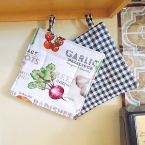 Quilted Potholders Set of 2, made with Insulbright, Veggie Print on one side and Red or Black Plaid on the other