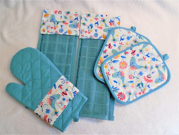 3 Pece Ktchen Towel, Oven Mtt, Pot Holder Set, Heavy Qualty, Green