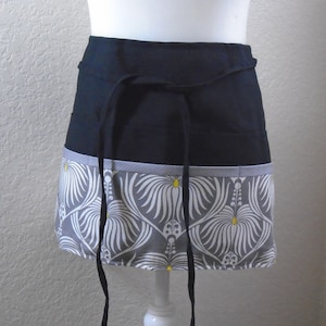 Lotus Print Half Apron: Gray & White Utility Apron with 6 Pockets