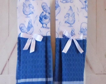 Blue-on-white toile pattern of hens, roosters, and baskets full of eggs Kitchen Boa - Kitchen Towel, Neck Towel, Dish Boa, Housewarming Gift
