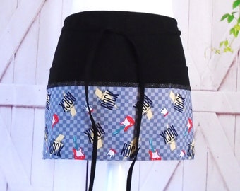 Born to Rock, Gray checked background and Guitars Apron, Vendor/Server/Waitress/Utility/Teacher Apron with 6 pockets