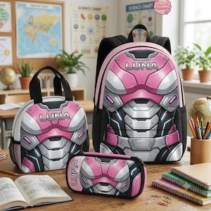 Personalized Arcee Backpack Set, Custom Pink Transformer Backpack, Robot School Bookbag Lunch Bag Pencil Case, Back To School Gift 10