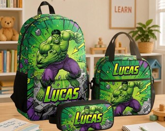 Personalized Hulk Backpack Set, Custom Name School Bag, Hulk Lunch Box with Pencil Case, Back To School Gift 70