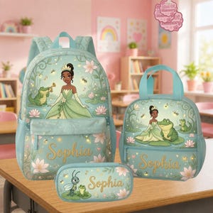 Gepersonaliseerde Tiana rugzakset, schooltas met eigen naam, prinsessen- en kikkerlunchbox, etui voor de eerste schooldag, cadeau voor meisjes