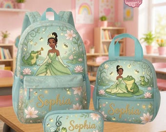 Personalized Tiana Backpack Set, Custom Name Princess School Bag, Princess and Frog Lunch Box, 1st Day Of School Pencil Case,Gift for Girls