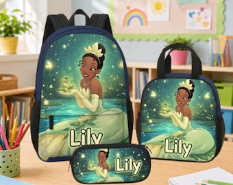 Personalized Tiana Backpack Set, Custom Name Princess School Bag, Princess and Frog Lunch Box, 1st Day Of School Pencil Case,Gift for Her 11