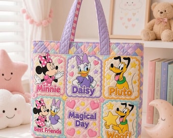 Minnie And Friends Tote Bag, Garden Festival Tote, Pluto Daisy Canvas Tote Bag, Floral Gift, Gardener Gift 05