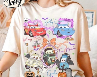 Coquette Bow Pixar Cars Halloween Shirt, Halloween Costume Family Shirt Lightning McQueen Mater Doc Hudson Sally Carrera Shirt 06