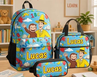 Personalized Curious George Backpack Set, Custom Name School Bag, Curious George Lunch Box With Pencil Case, Back To School Gift 80