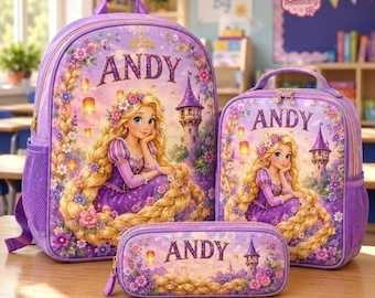 Personalized Rapunzel Backpack Set, Tangled School Bag, Custom Name Lunch Bag, Son Daughter Pencil Case, Gift for Girls