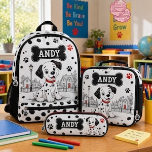 Conjunto de mochila personalizada de 101 Dálmatas, mochila escolar para hijo/a con lonchera, estuche para lápices con nombre personalizado, regalo de regreso a clases