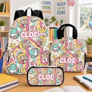 Personalisierter Prinzessin-Peach-Rucksack mit Namen, Schultasche, Prinzessin-Peach-Mario-Lunchbox mit Federmäppchen, Geschenk für Mädchen, erster Schultag
