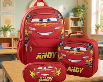 Personalized Son Daughter Lunch Box, Lightning Mcqueen Backpack Set, Car School Bag, Pencil Case, Gift For Boys 15
