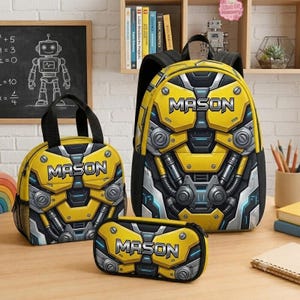 Personalized Bumblebee Backpack Set, Custom Transformer School Backpack, Robot Bookbag Lunch Bag Pencil Case For Boys 07