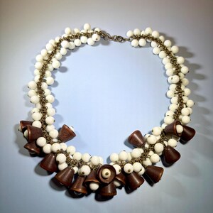 Unsigned 1940s Miriam Haskell Necklace Iconic Frank Hess • Vintage Milk Glass Carved Wood Bell Choker Statement Cascade Mid Century Costume