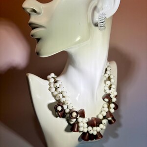 Unsigned 1940s Miriam Haskell Necklace Iconic Frank Hess • Vintage Milk Glass Carved Wood Bell Choker Statement Cascade Mid Century Costume
