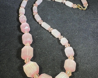 Mid-Century Vintage Czech Faceted Pink Satin Glass and Austrian Crystal Necklace