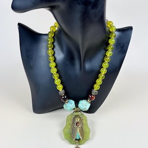 Patrice of Sarasota Unique Cicada Necklace | Natural Yellow and Green Jade Amazonite & Tiger’s Eye | Ornate Brass Insect Statement Jewelry