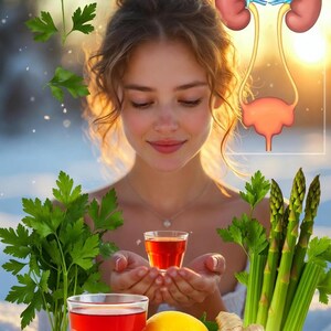 Może przedstawiać: Kobieta trzyma małą szklankę z czerwonym płynem, otoczona świeżą pietruszką, szparagami, cytryną i imbirem. Na tle znajduje się schemat nerek i pęcherza moczowego. Obraz ma miękką, naturalną estetykę.