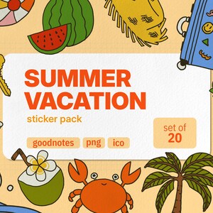 Puede incluir: Un paquete de pegatinas digitales con el texto SUMMER VACATION y set of 20. El diseño incluye ilustraciones coloridas de una pelota de playa, sandía, sombrero de paja, maleta, llave, helado, piña, ola, bebida de coco, cangrejo, palmera y cóctel.