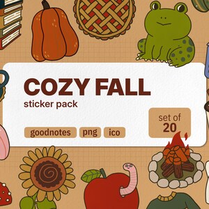 Puede incluir: Un paquete de pegatinas digitales con veinte ilustraciones de temática otoñal que incluyen una calabaza, una rana, un pastel, un girasol, una hoguera, un fantasma y una taza de chocolate caliente. La etiqueta central muestra el texto COZY FALL.