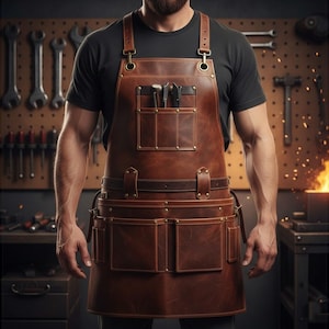 Puede incluir: Delantal de cuero marrón con múltiples bolsillos y herrajes de latón. El delantal tiene correas ajustables y está diseñado para uso en taller. Se ven herramientas en los bolsillos. El fondo muestra un entorno de taller.