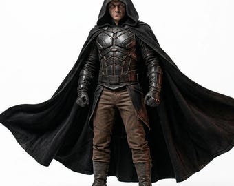 Disfraz de villano para hombre, traje de cosplay con capucha, capa gótica con armadura, traje de Halloween de fantasía oscura, equipo de guerrero de cuero, capa de guardabosques medieval