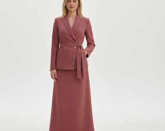 Damen Elegant Blazer Rock Set | Polyester Anzug | Elegantes Büro Outfit | Blazer mit Bindegürtel