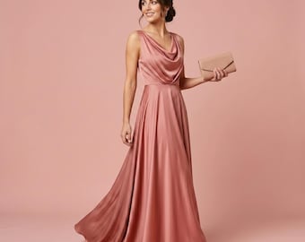 Satin Bridesmaid Dress Long, Sleeveless Cowl Neck Maxi Dress, Elegant Slip Dress for Wedding Guest, Minimalist Silk Backless Prom Gown