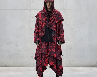Red & Black Hooded Urban Techwear Poncho Set | Ninja Cloak and Pants | Cyberpunk Tactical Streetwear, Military Camo Streetwear Cape Outfit